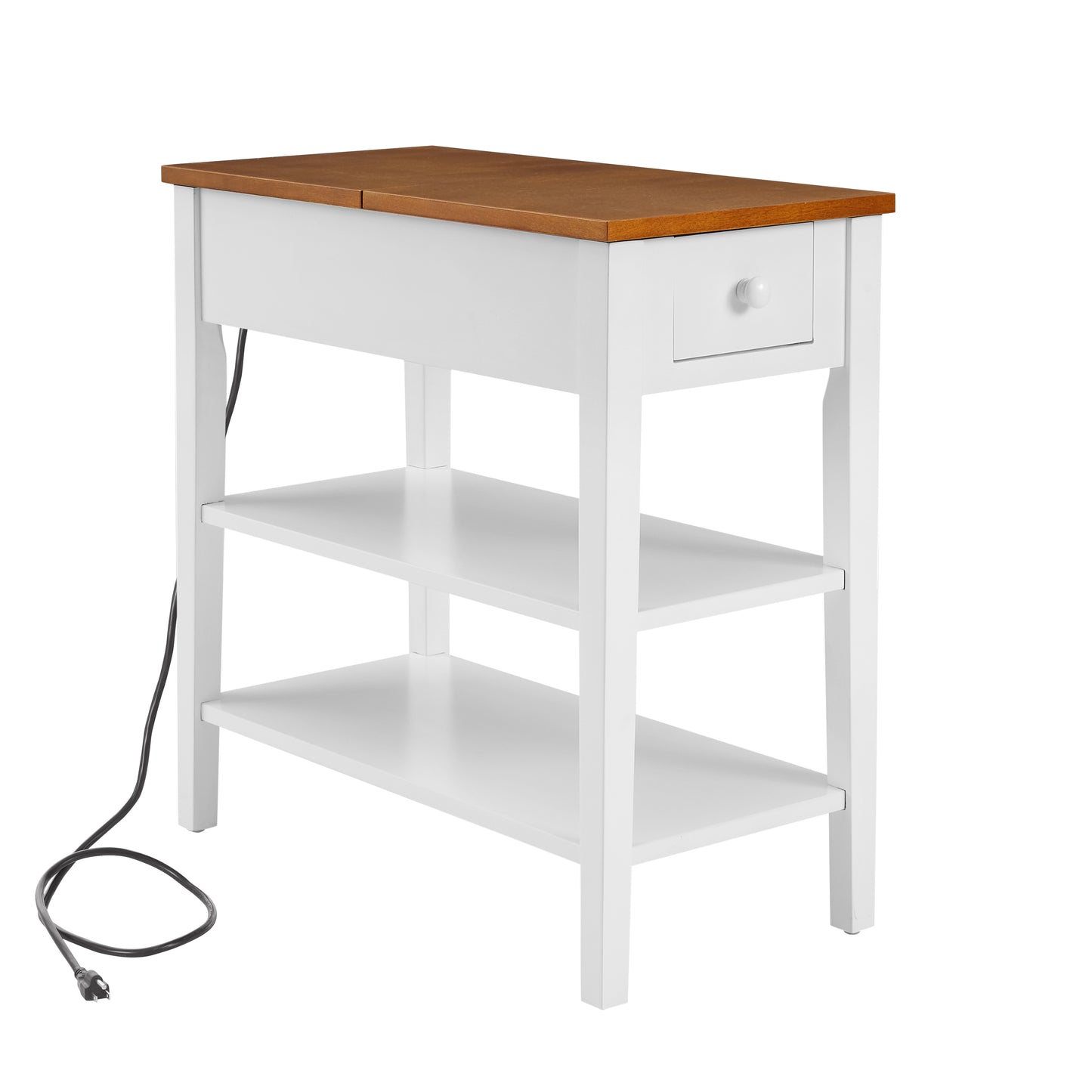 Narrow 2-tone End Table with USB Charging Ports for Small Space SOLID WOOD Table Legs White and Walnut