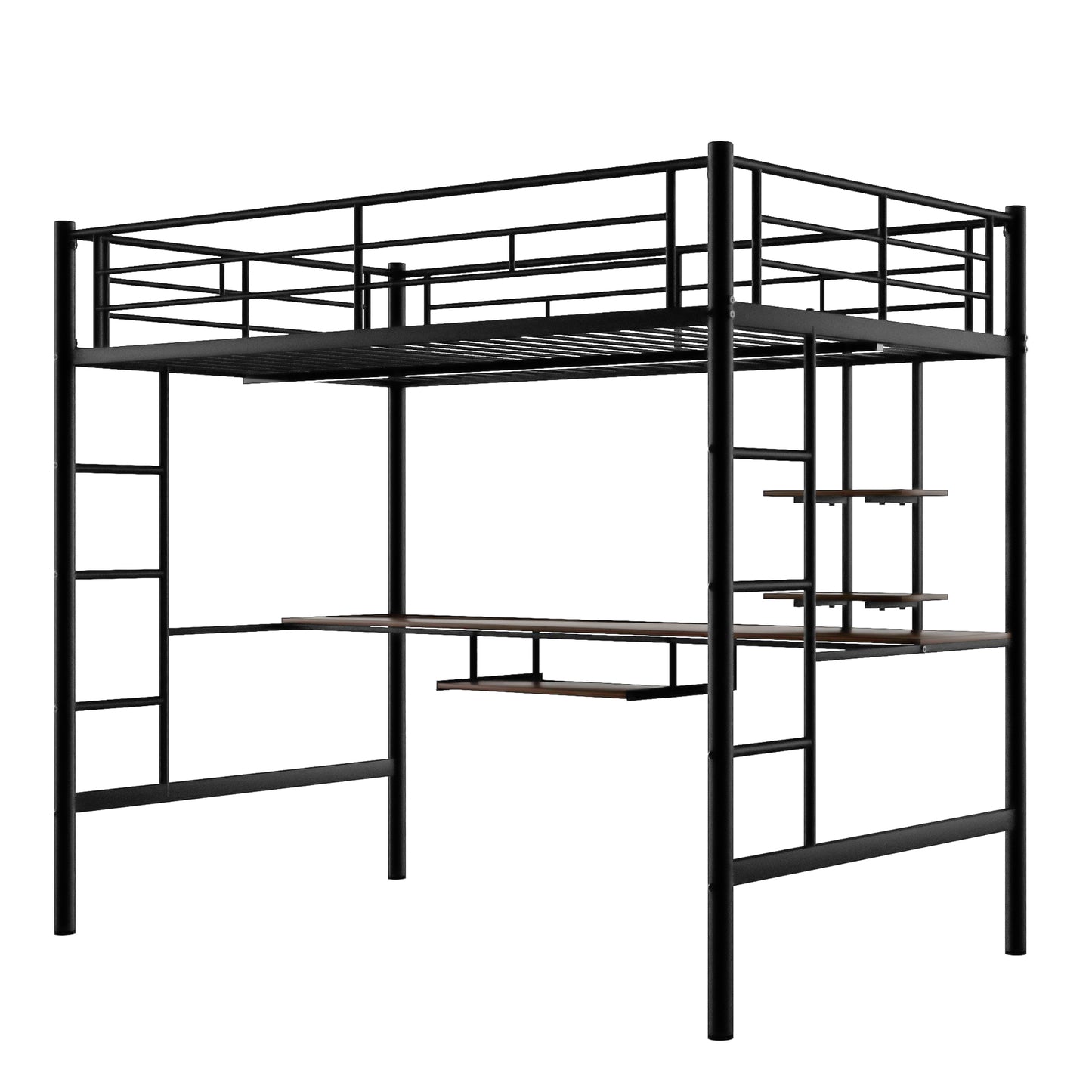 Loft Bed with Desk and Shelf, Space-Saving Design in Full Black Finish