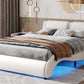 Queen Size Upholstered Faux Leather Platform Bed with LED Light Bed Frame with Slatted - White