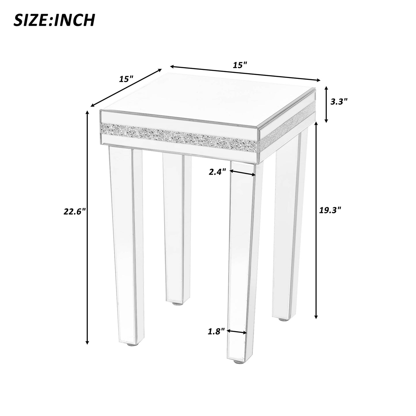 ON-TRANS glass mirror edge table, easy to assemble crystal design and adjustable height leg edge table, silver