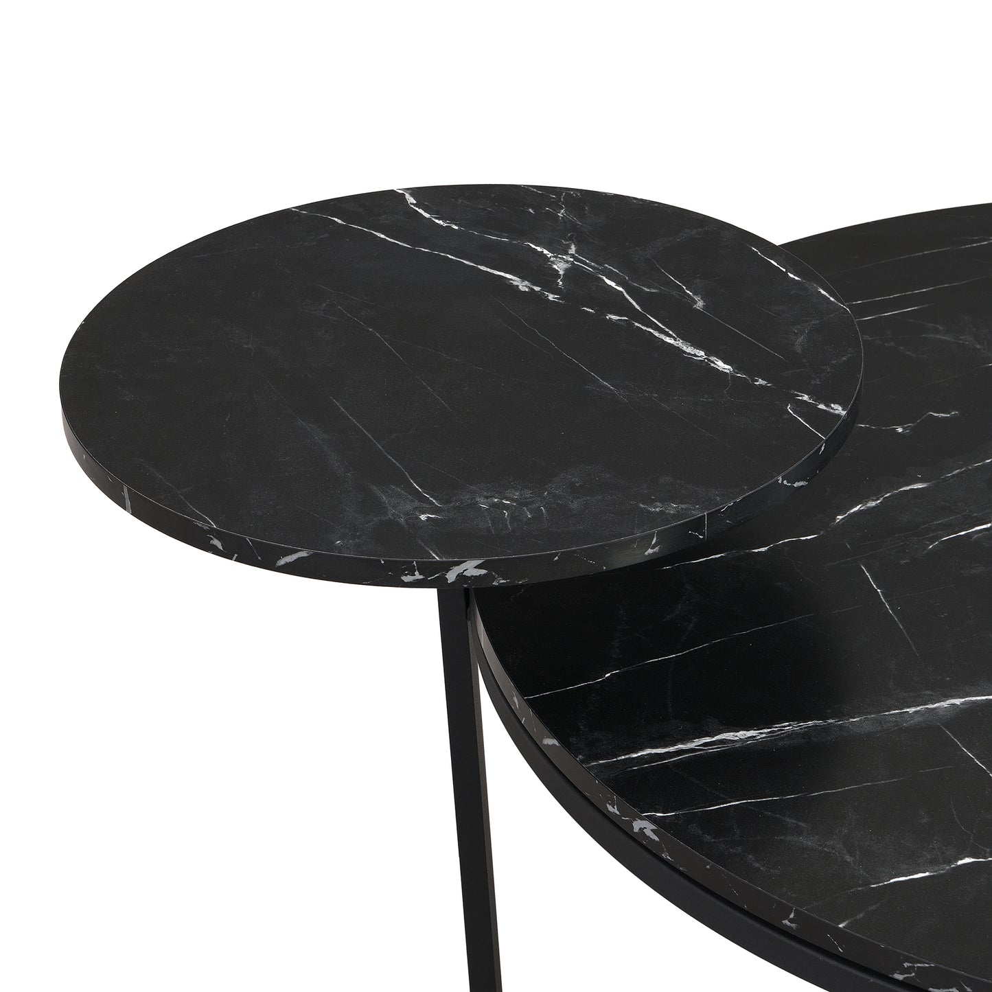 Modern coffee table with two display shelves, Black Faux marble surfaces, Tripod-inspired base,Rounded tabletop edges