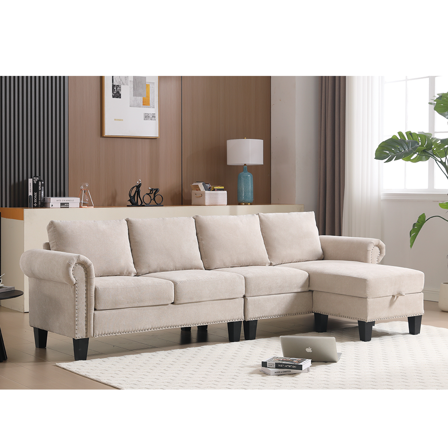 Sofá modular convertible con espacio de almacenaje, diseño en forma de L para cuatro personas en tela de lino moderna, color beige