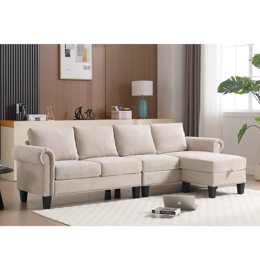 Sofá modular convertible con espacio de almacenaje, diseño en forma de L para cuatro personas en tela de lino moderna, color beige