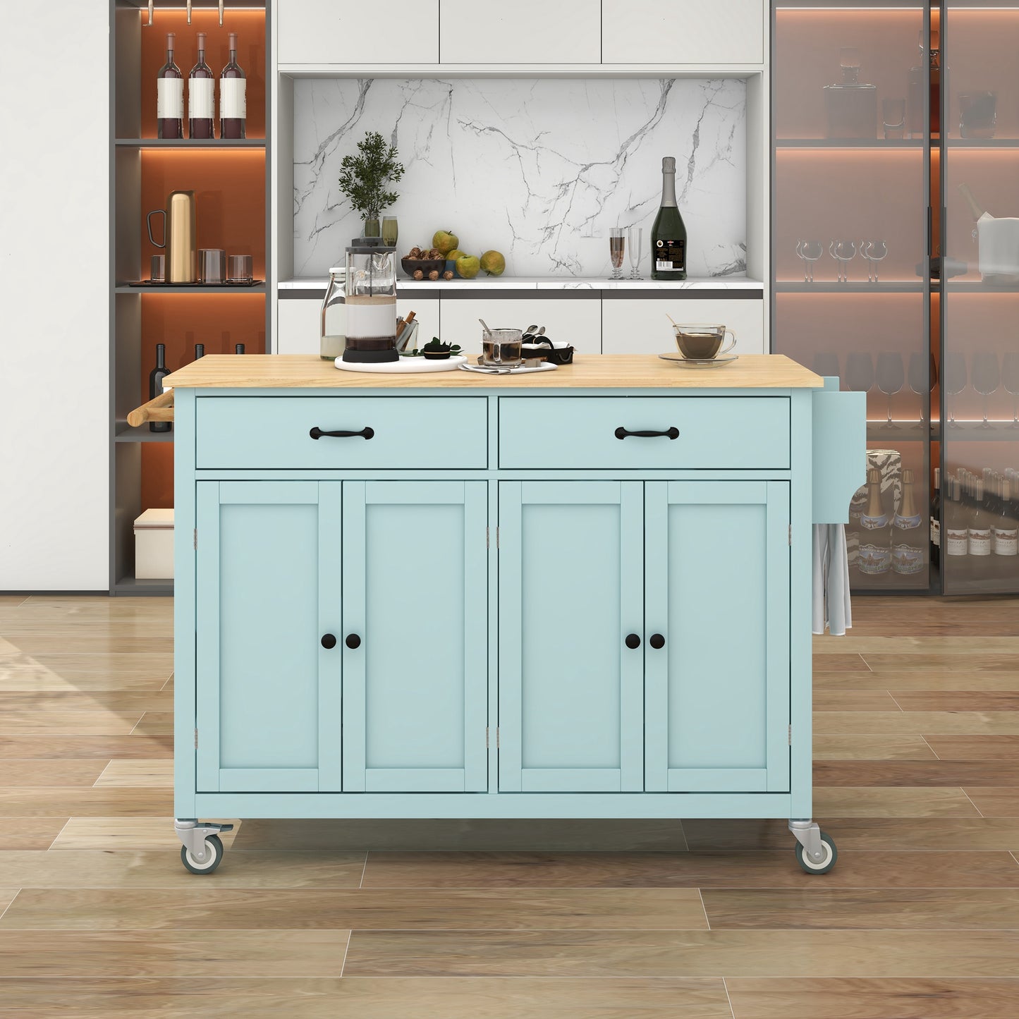 Kitchen Island Cart with 4-Door Cabinet, 2 Drawers, and Locking Wheels, Solid Wood Top in Mint Green