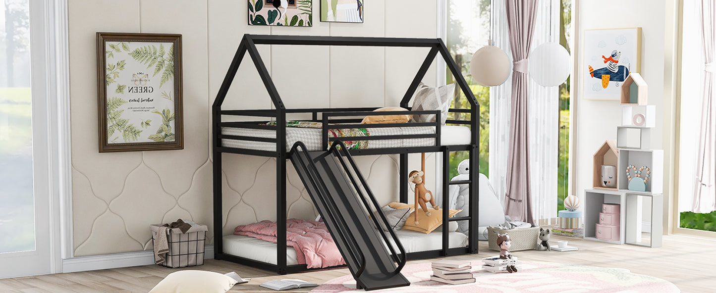 Twin over Twin House Bunk Bed with Ladder and Slide,Black