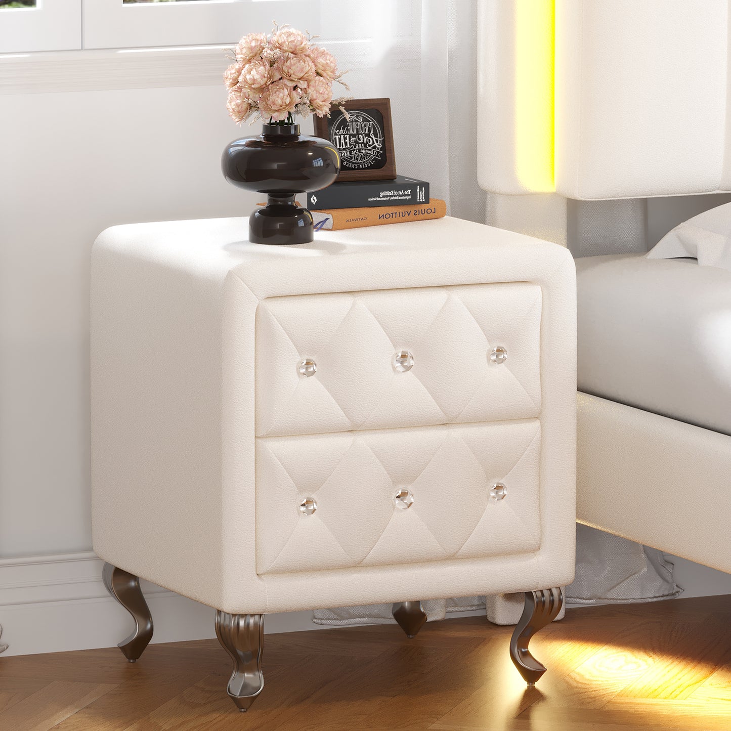 Elegant PU bedside table with 2 drawers and crystal handles, storage with metal legs - white