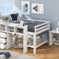 Full Size Low Loft Bed with Rolling Portable Desk, Drawers and Shelves, White