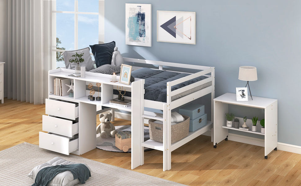 Full Size Low Loft Bed with Rolling Portable Desk, Drawers and Shelves, White