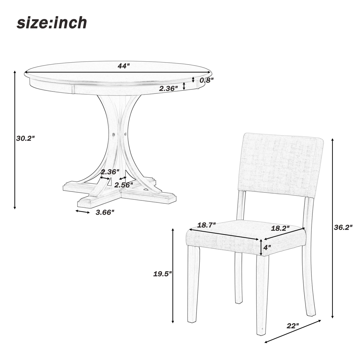 Juego de mesa de comedor redonda retro de cinco piezas TREXM con soportes curvos y 4 sillas acolchadas, gris oscuro