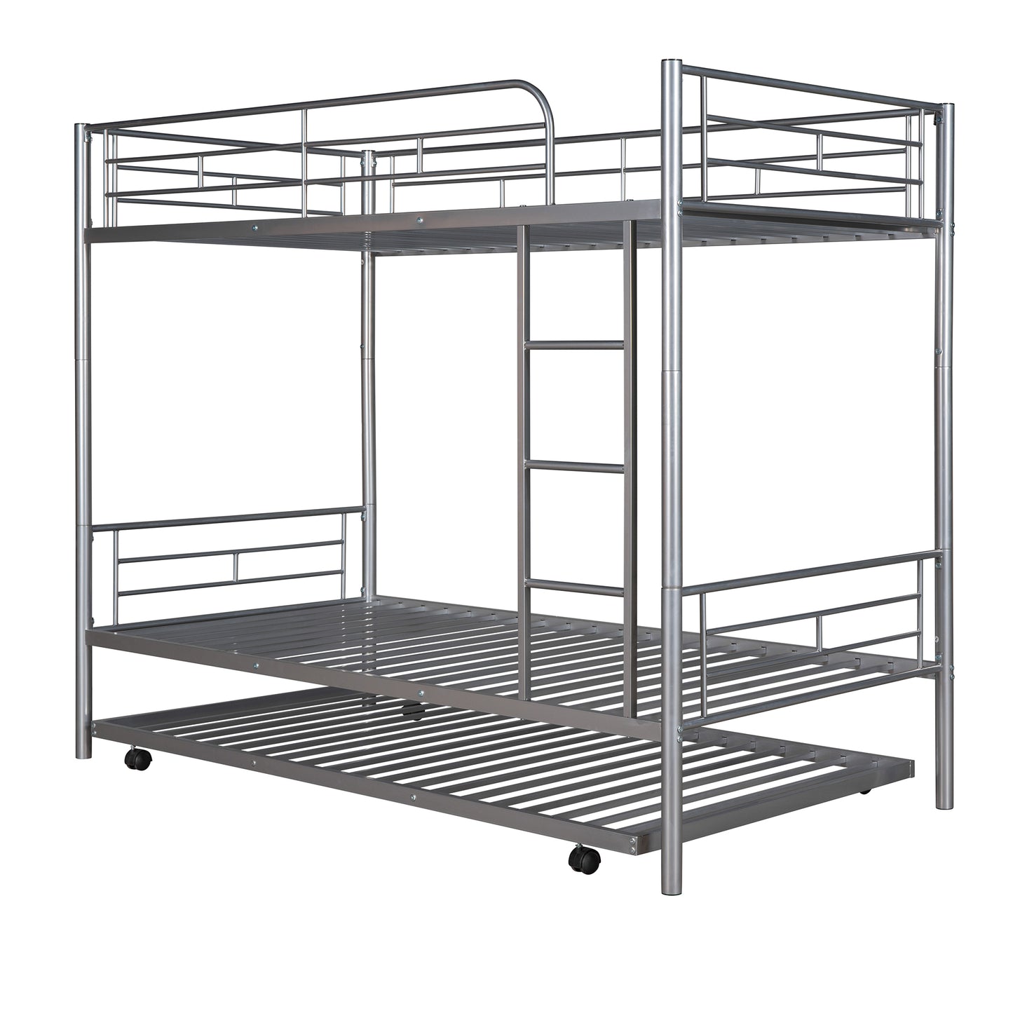 Twin-Over-Twin Metal Bunk Bed With Trundle Can be Divided into two beds No Box Spring needed White