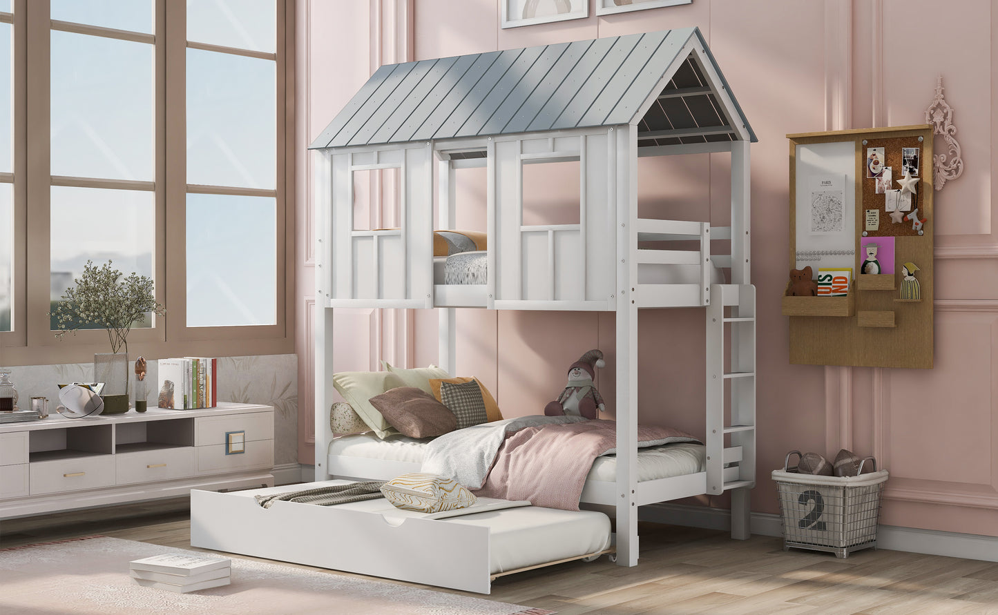 House Bunk Bed with Trundle,Roof and Windows White