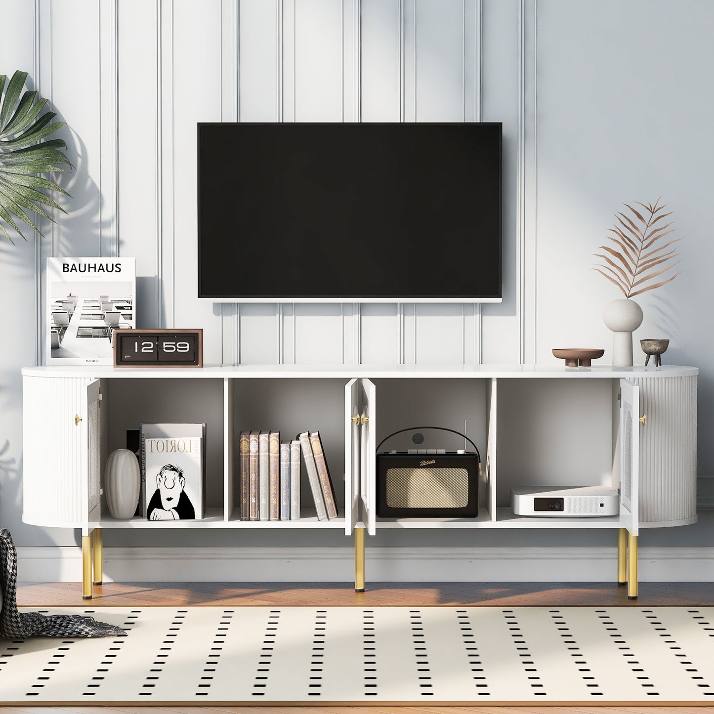 U-Can Modern TV Stand for TVs up to 80 Inches, Entertainment Center with 4 Cabinets, Wood with Metal Legs and Handles White