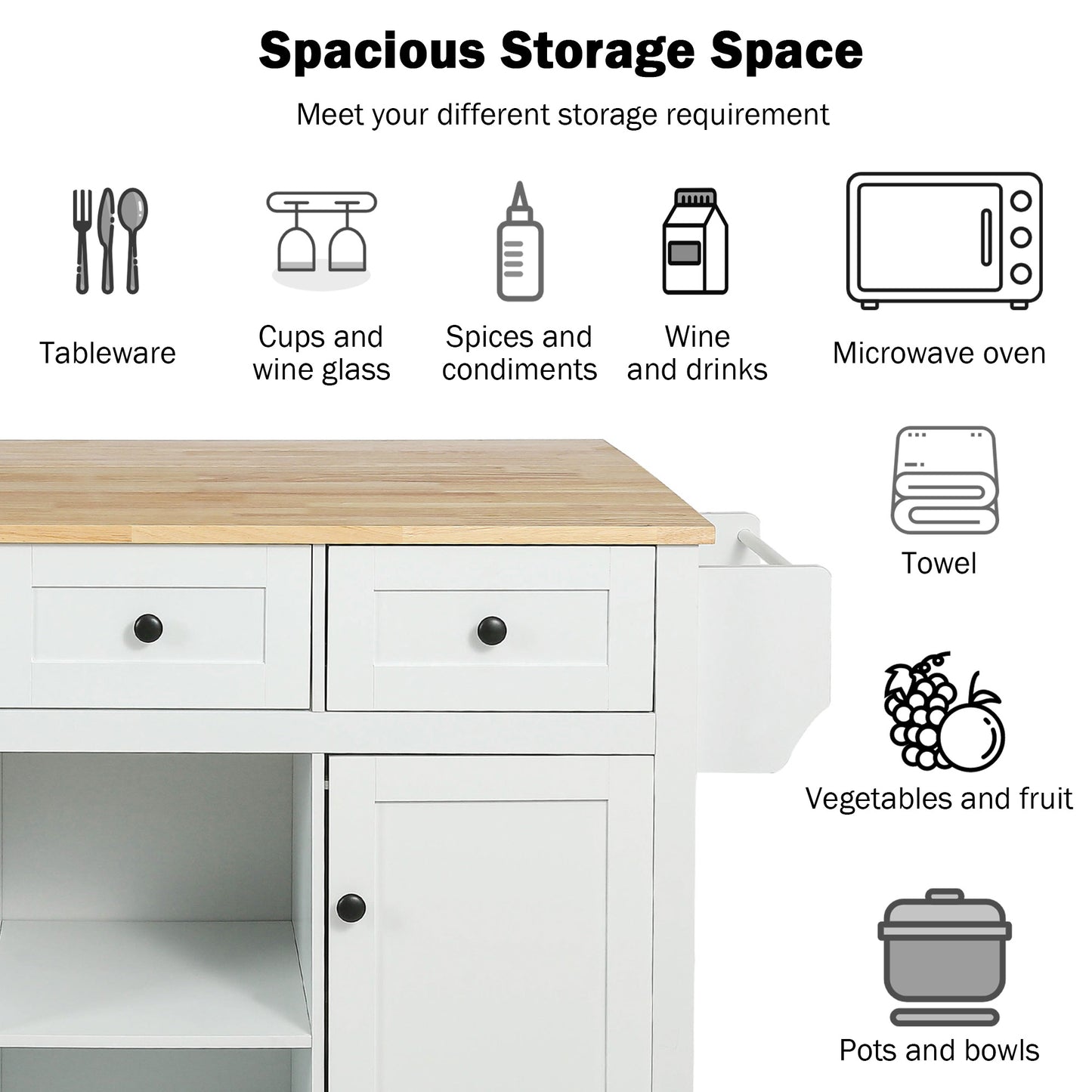 Kitchen trolley with rubber wood leaf countertop, 5-wheel kitchen island, storage cabinet and 3 dining drawers, white