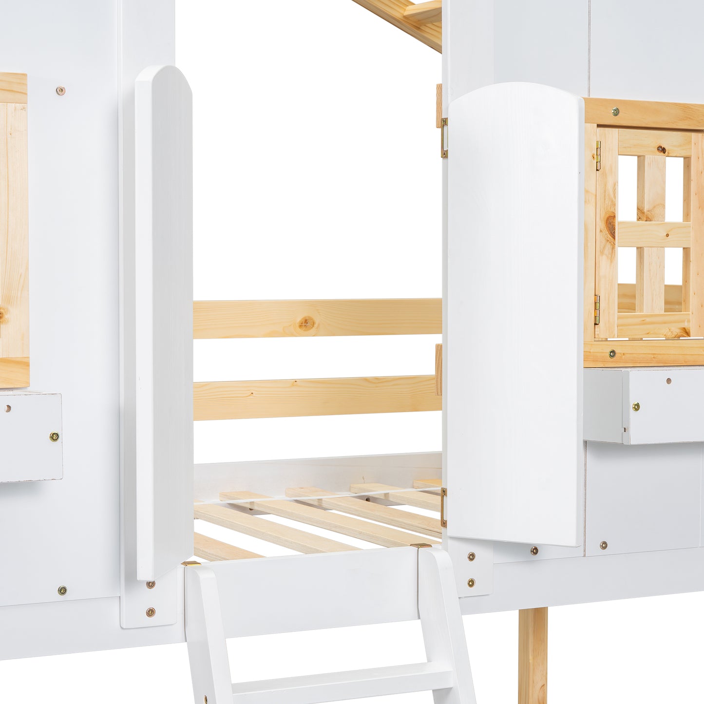 Twin over Twin House Bunk Bed with Roof , Window, Window Box, Door , with Safety Guardrails and Ladder, Natural/White