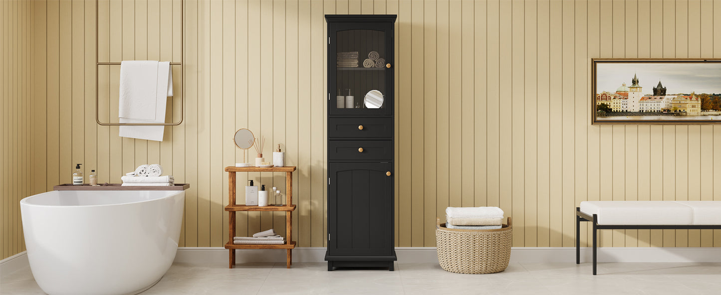 Tall Bathroom Storage Cabinet with Glass Doors, Free-Standing, Two Drawers, and Adjustable Shelves, MDF Board, Painted Black