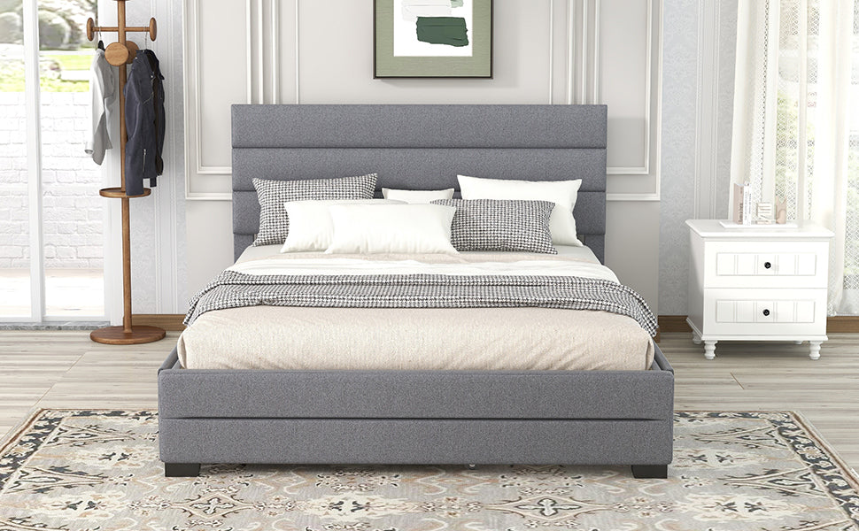 Queen Upholstered Platform Bed with Twin Size Trundle and Two Drawers Grey