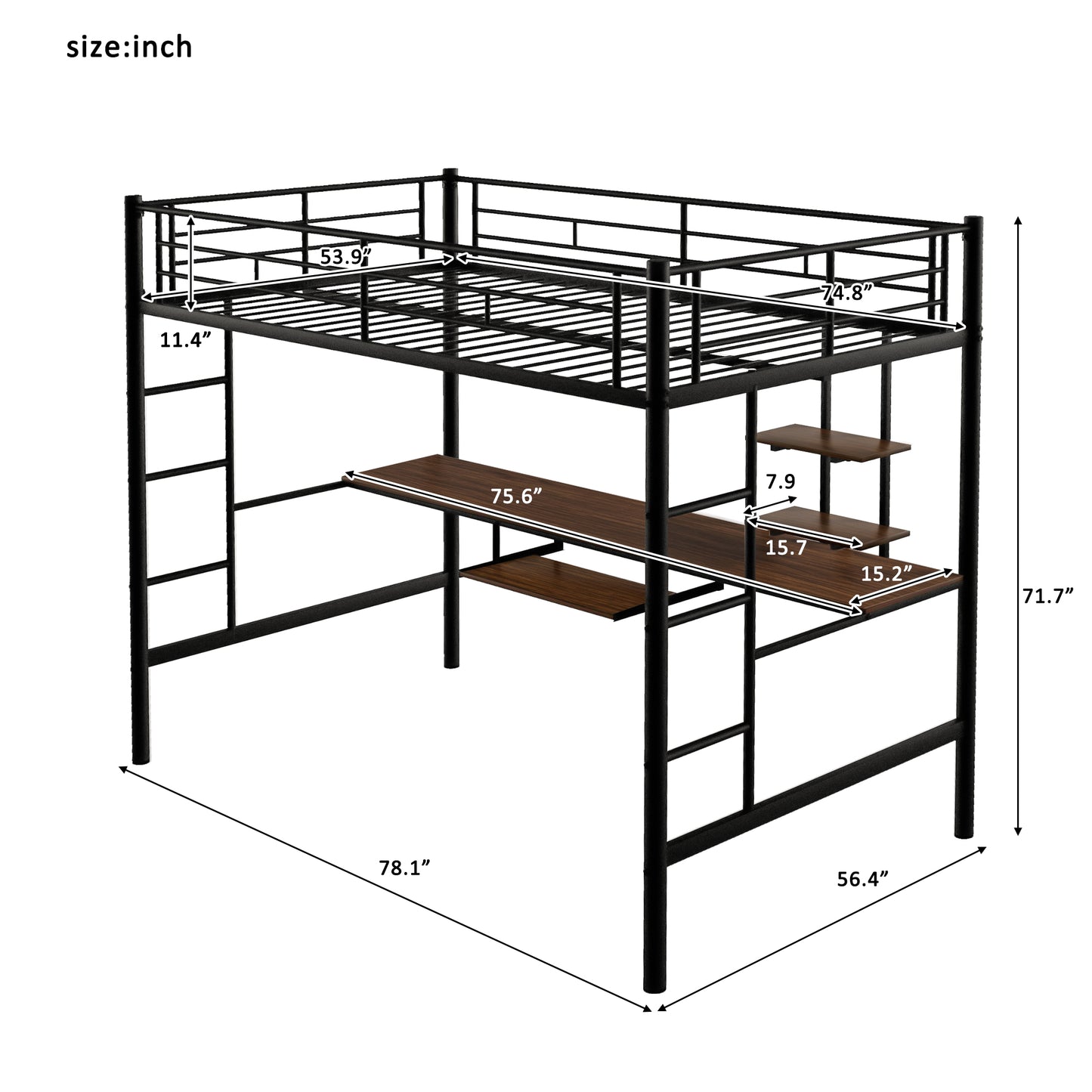 Cama alta con escritorio y estante, diseño que ahorra espacio en acabado completamente negro