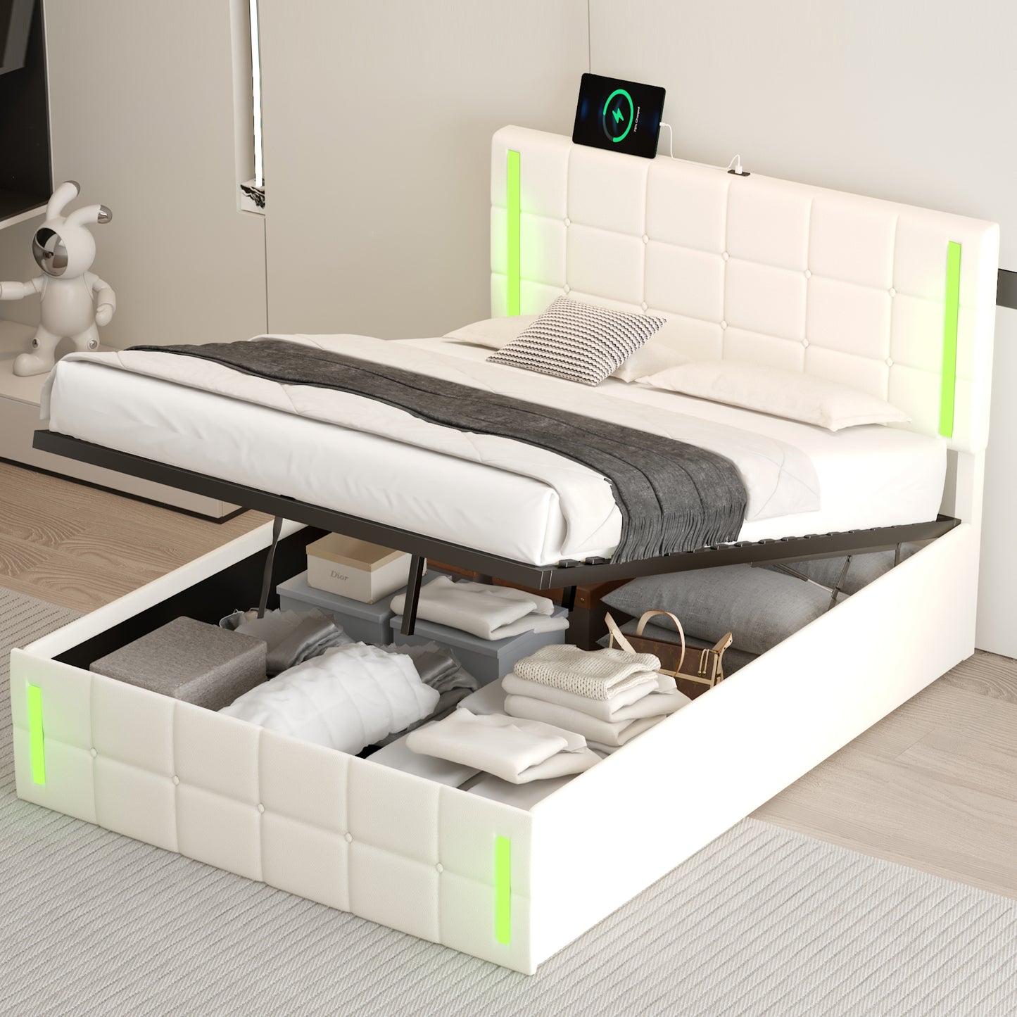 Cama tapizada de tamaño completo con luces LED, sistema de almacenamiento hidráulico y estación de carga USB, acabado blanco