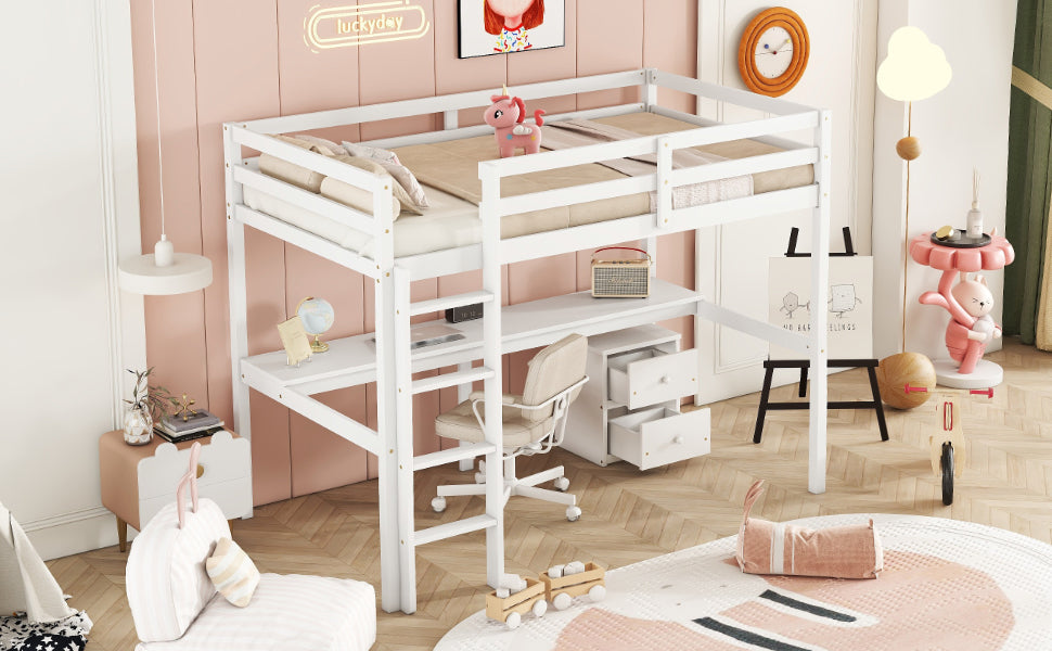 Twin Loft Wood Bed with Built-In Desk, Storage Cabinet, Guardrails, and Ladder, White Finish