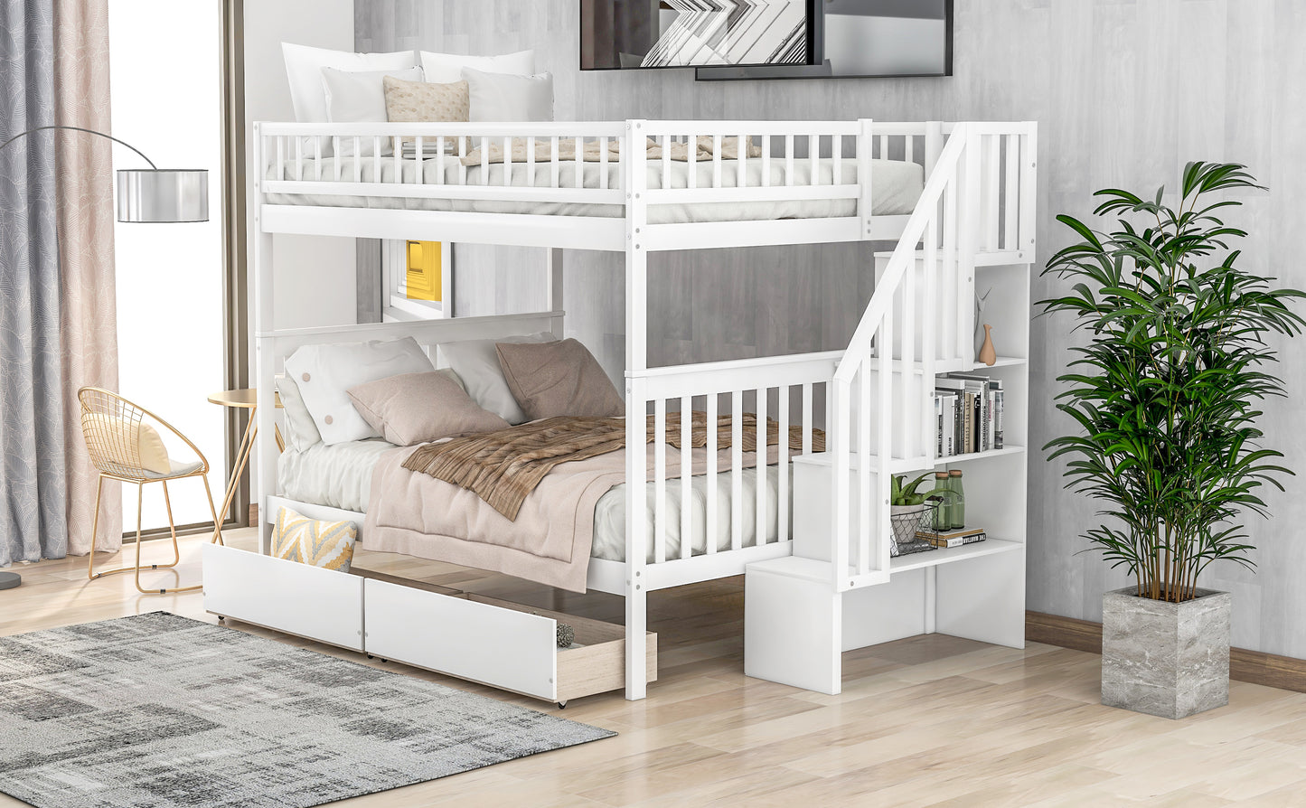 Full over Full Bunk Bed with Two Drawers and Storage White