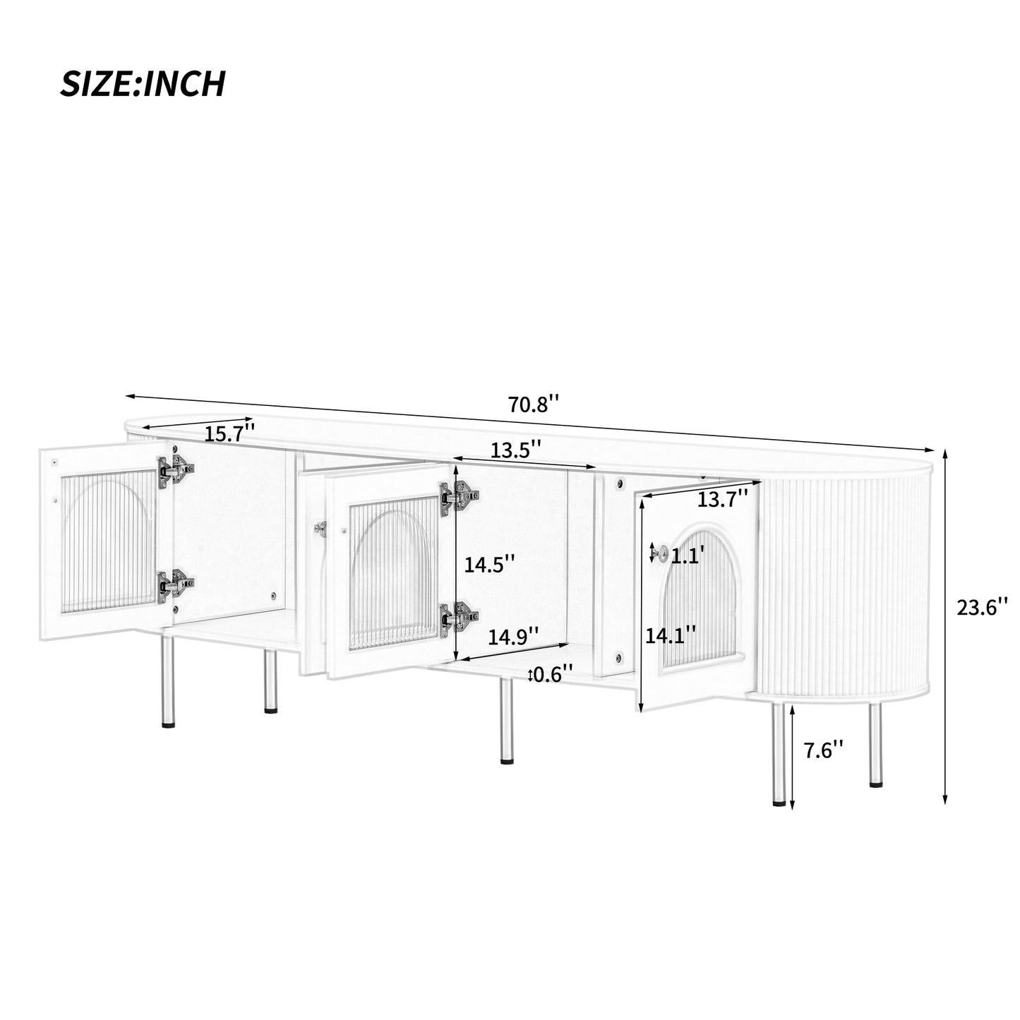 U-Can Modern TV Stand for TVs up to 80 Inches, Entertainment Center with 4 Cabinets, Wood with Metal Legs and Handles White