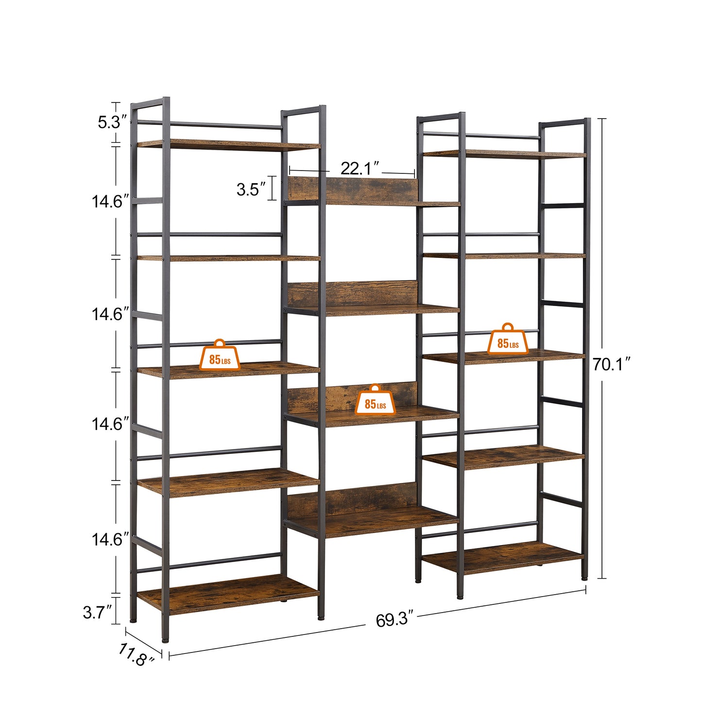 Triple Wide 5-shelf Bookshelves Industrial Retro Wooden Style Home and Office Large Open Bookshelves Rustic Brown