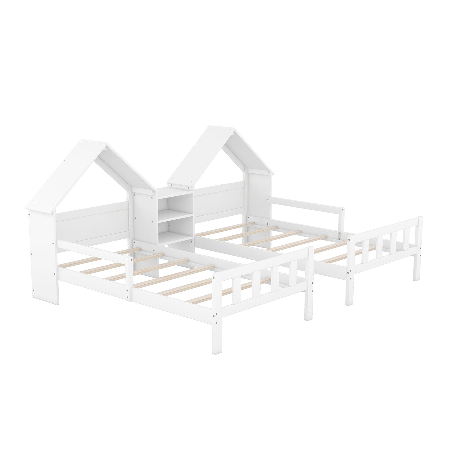 Double Twin Size Platform Bed with House-shaped Headboard and a Built-in Nightstand, White