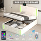 Cama tapizada de tamaño completo con luces LED, sistema de almacenamiento hidráulico y estación de carga USB, acabado blanco