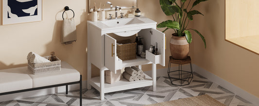 30-Inch White Bathroom Vanity with Ceramic Sink and Versatile Storage - Ideal for Small Bathrooms