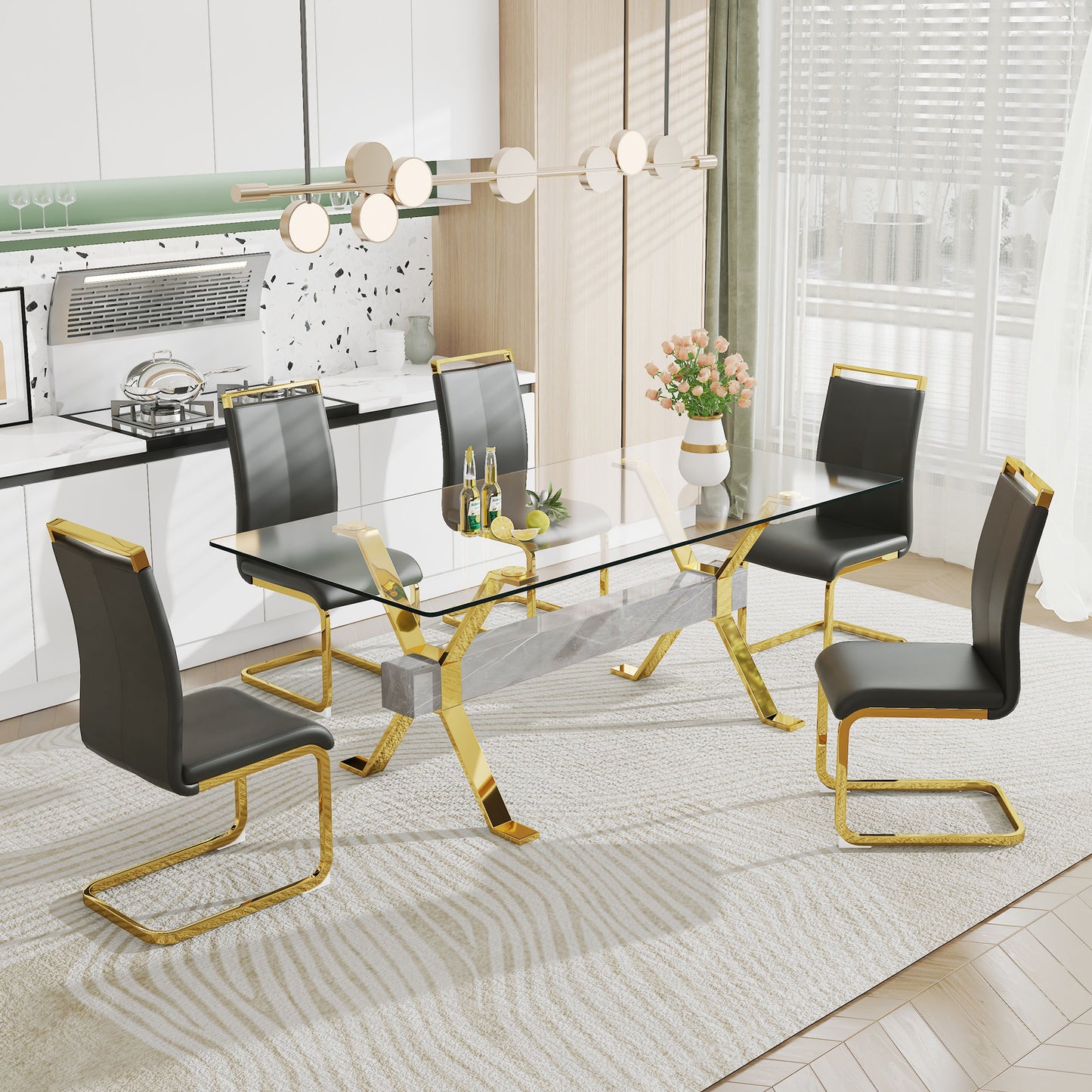 Modern Tempered Glass Dining Table, Large Office Desk with Gold Plated Metal Legs and MDF Crossbars