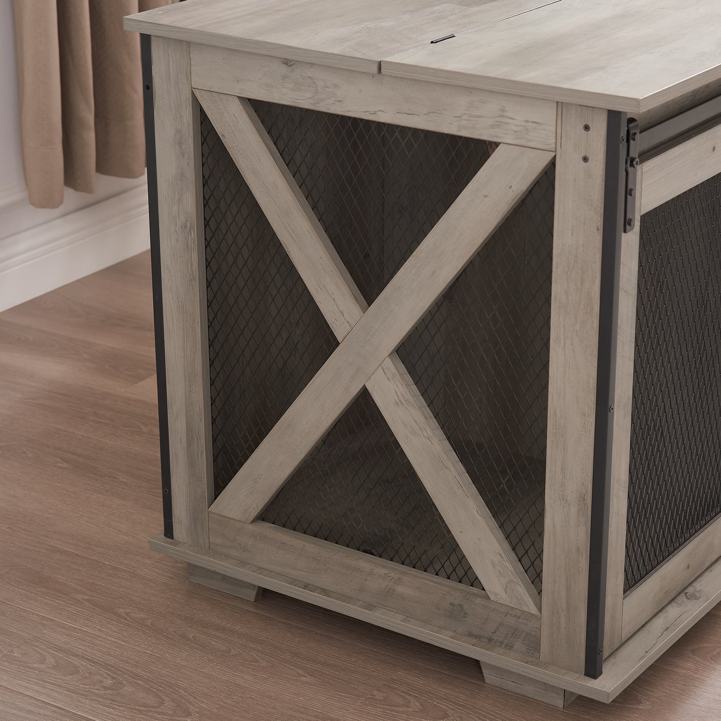 Farmhouse Dog Cage Crate Furniture with Sliding Barn Door, Farmhouse Wooden Dog Kennel End Table with Flip-top Plate Dog House