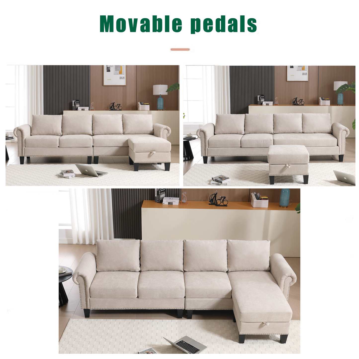 Convertible Sectional Sofa with Storage, L-Shaped Four-Seater Design in Modern Linen Fabric, Beige