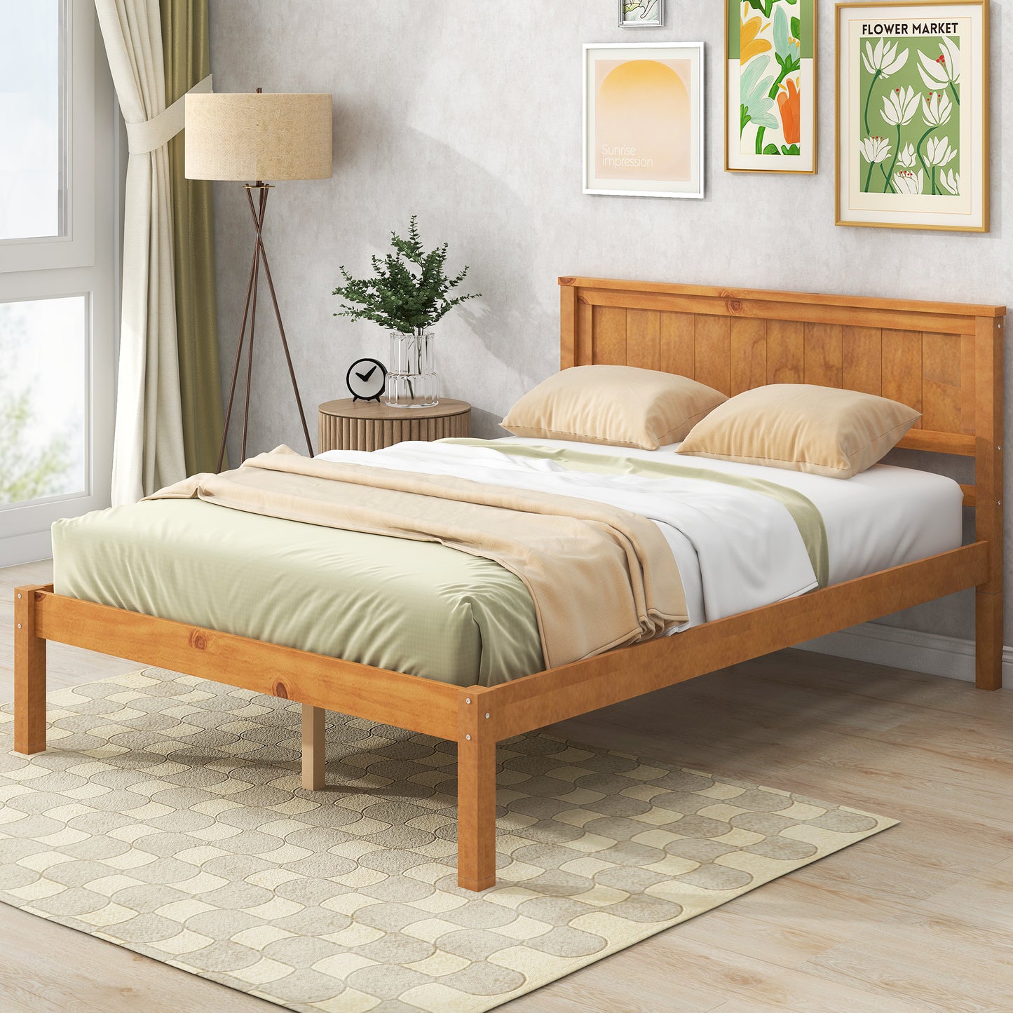 Platform Bed Frame with Headboard, Wood Slat Support No Box Spring Needed Full  Oak