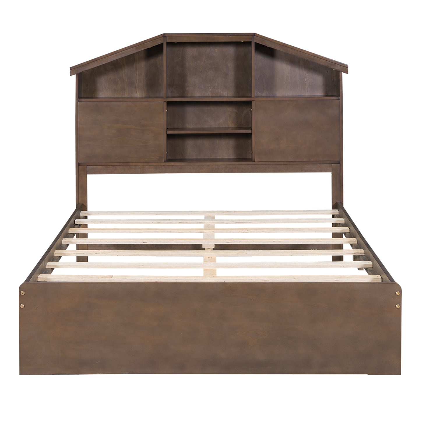 Full Size Wood Platform Bed with House-shaped Storage Headboard and 2 Drawers Walnut