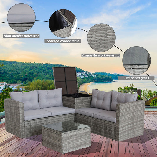 4-Piece Patio Sectional Wicker Rattan Outdoor Furniture Set with Storage Box, Grey Finish