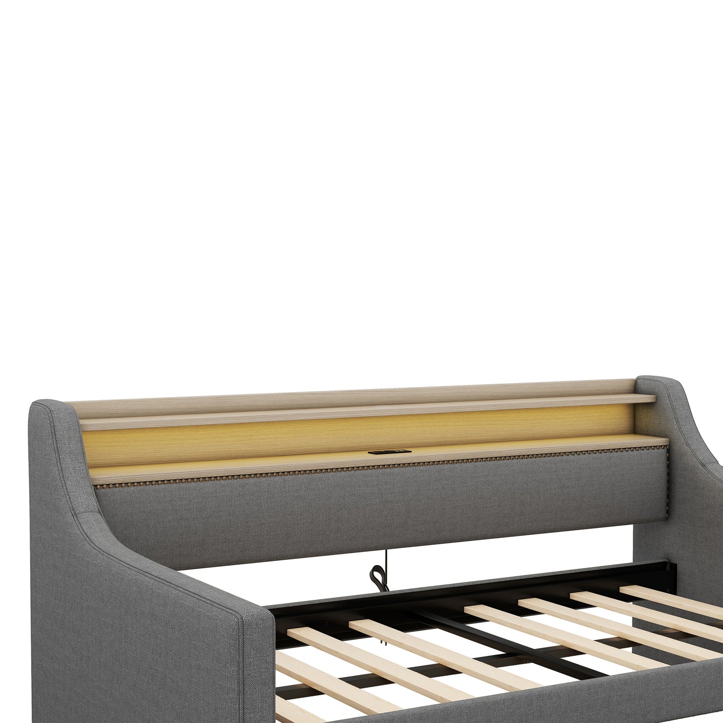 Twin Size Daybed with Storage Drawers, Upholstered Daybed with Charging Station and LED Lights, Gray