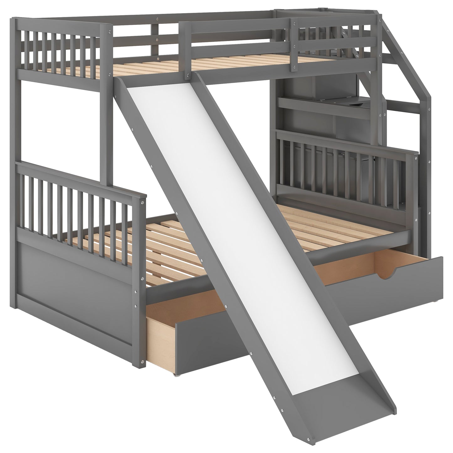 Twin over Full Bunk Bed with Drawers Storage and Slide  Multifunction Gray