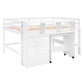 Full Size Low Loft Bed with Rolling Portable Desk, Drawers and Shelves, White