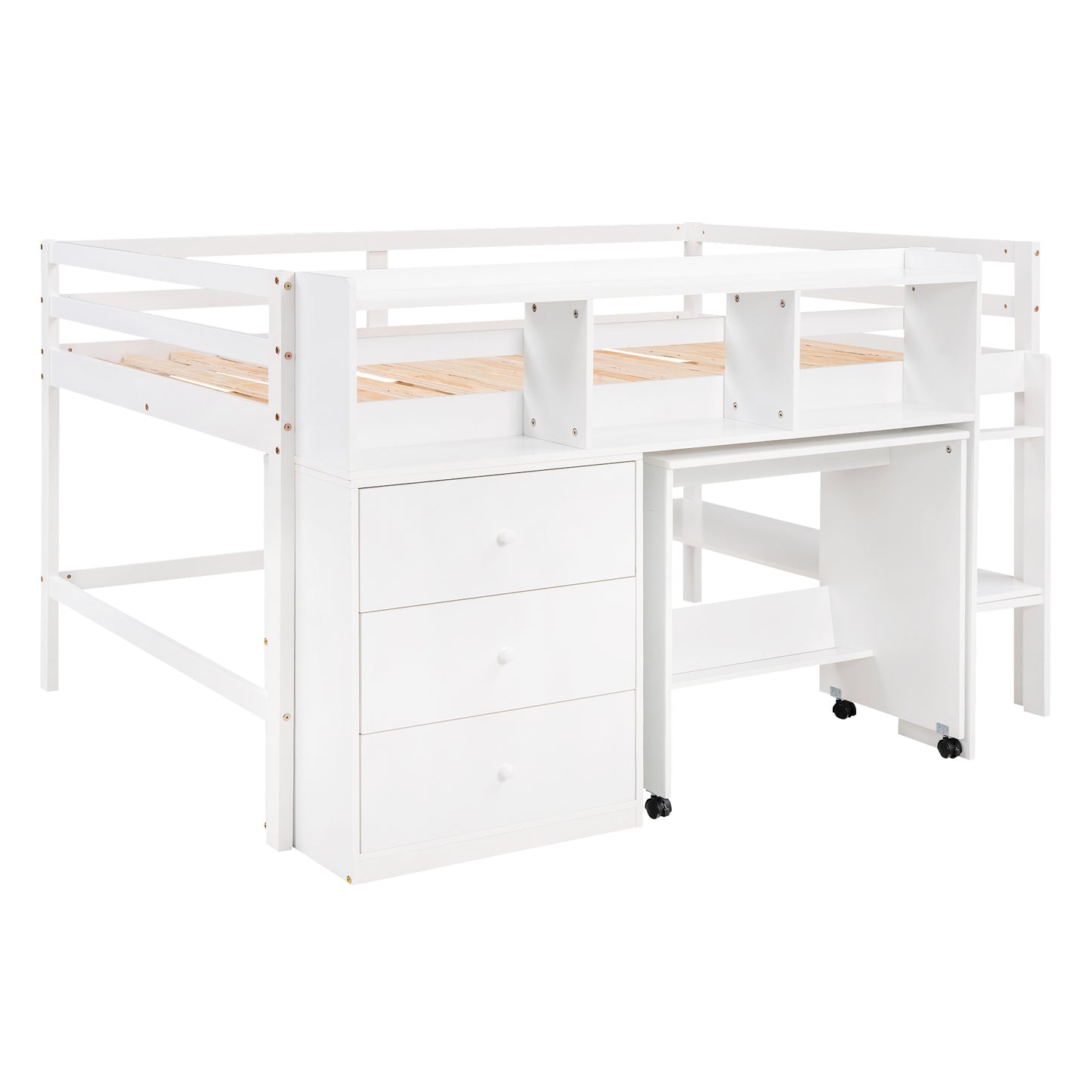 Full Size Low Loft Bed with Rolling Portable Desk, Drawers and Shelves, White