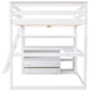 Full Size Loft Bed with Desk and Shelves,Two Built-in Drawers White