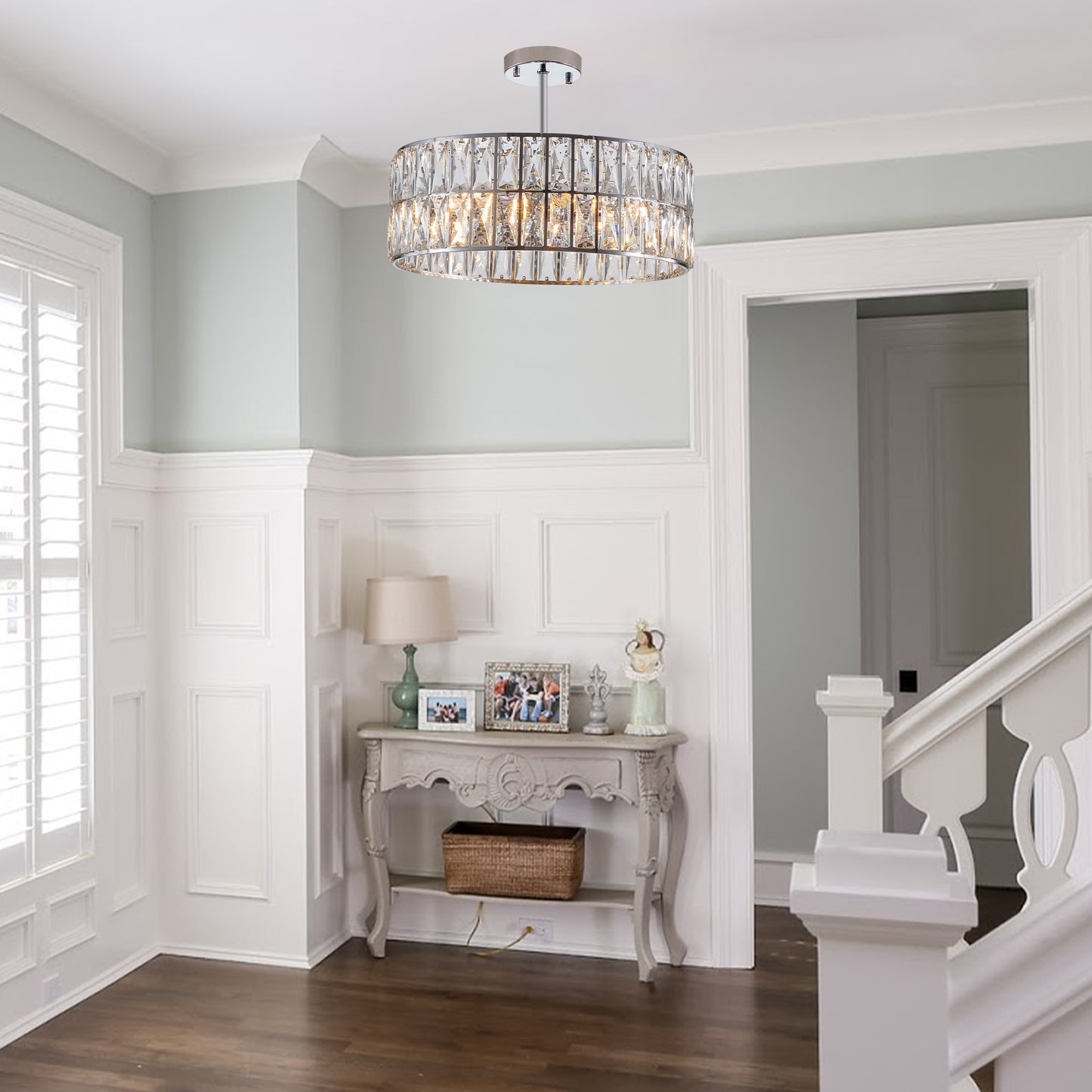 Modern crystal drum pendant light, 6-light pendant light, with silver metal frame (excluding light bulb)