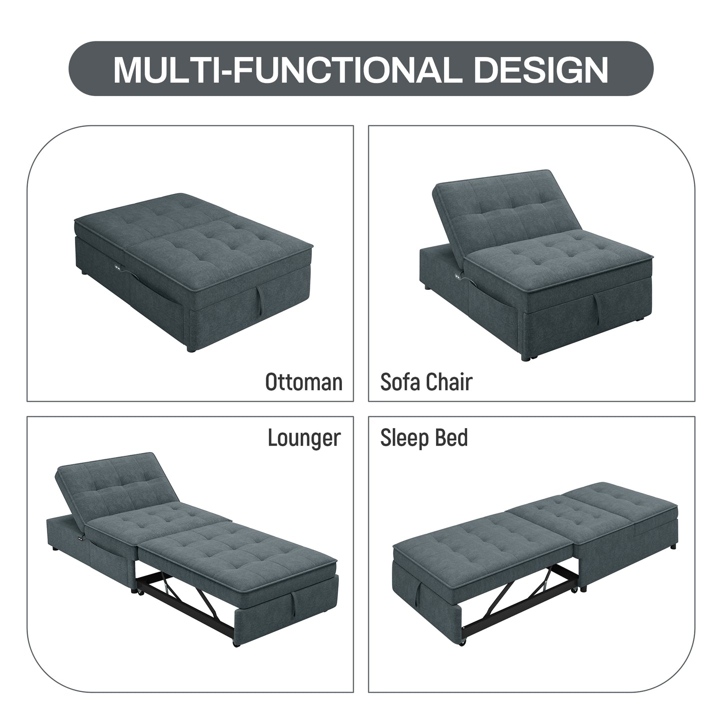 Four in one sofa bed, chair bed, multifunctional folding Ottoman bed with storage bag and USB port, dark blue