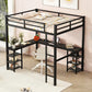 All metal loft bed with desk and shelf, loft bed with ladder and guardrail, black with black desk