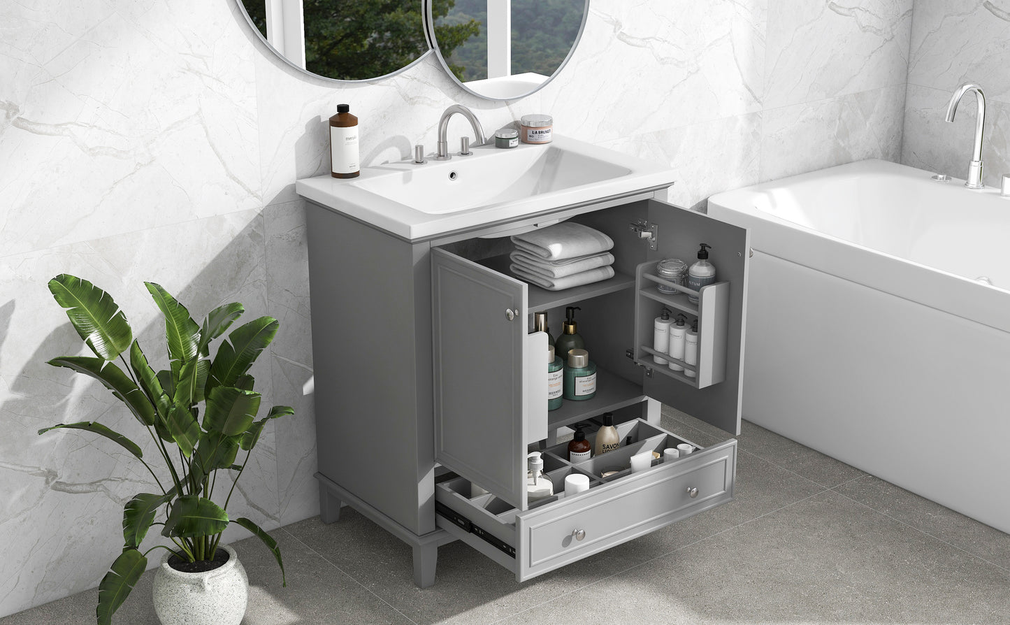 30inchgrey Bathroom Vanity with Sink ComboMulti-functional Bathroom Cabinet with Doors and Drawer Solid Frame and MDF Board