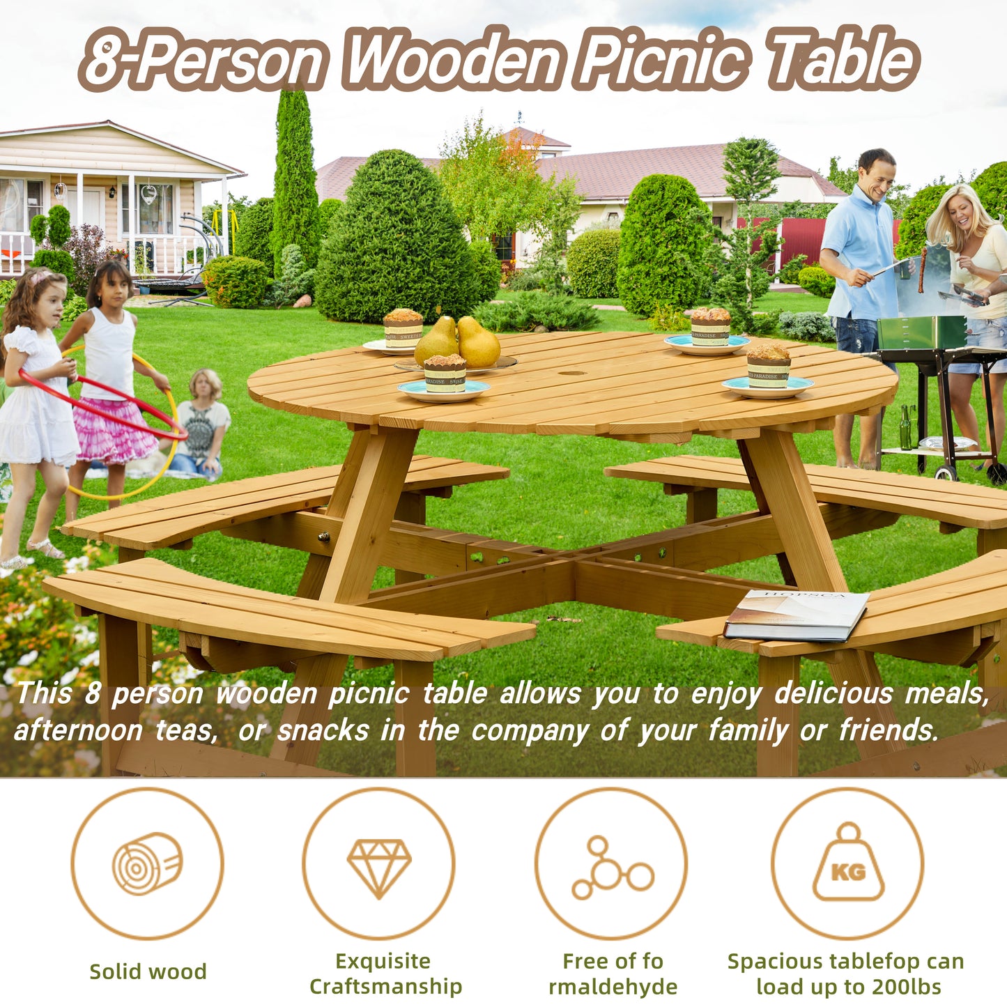 Outdoor picnic table for 8 people, circular picnic table for 8 people, with 4 embedded bench tables and bench sets