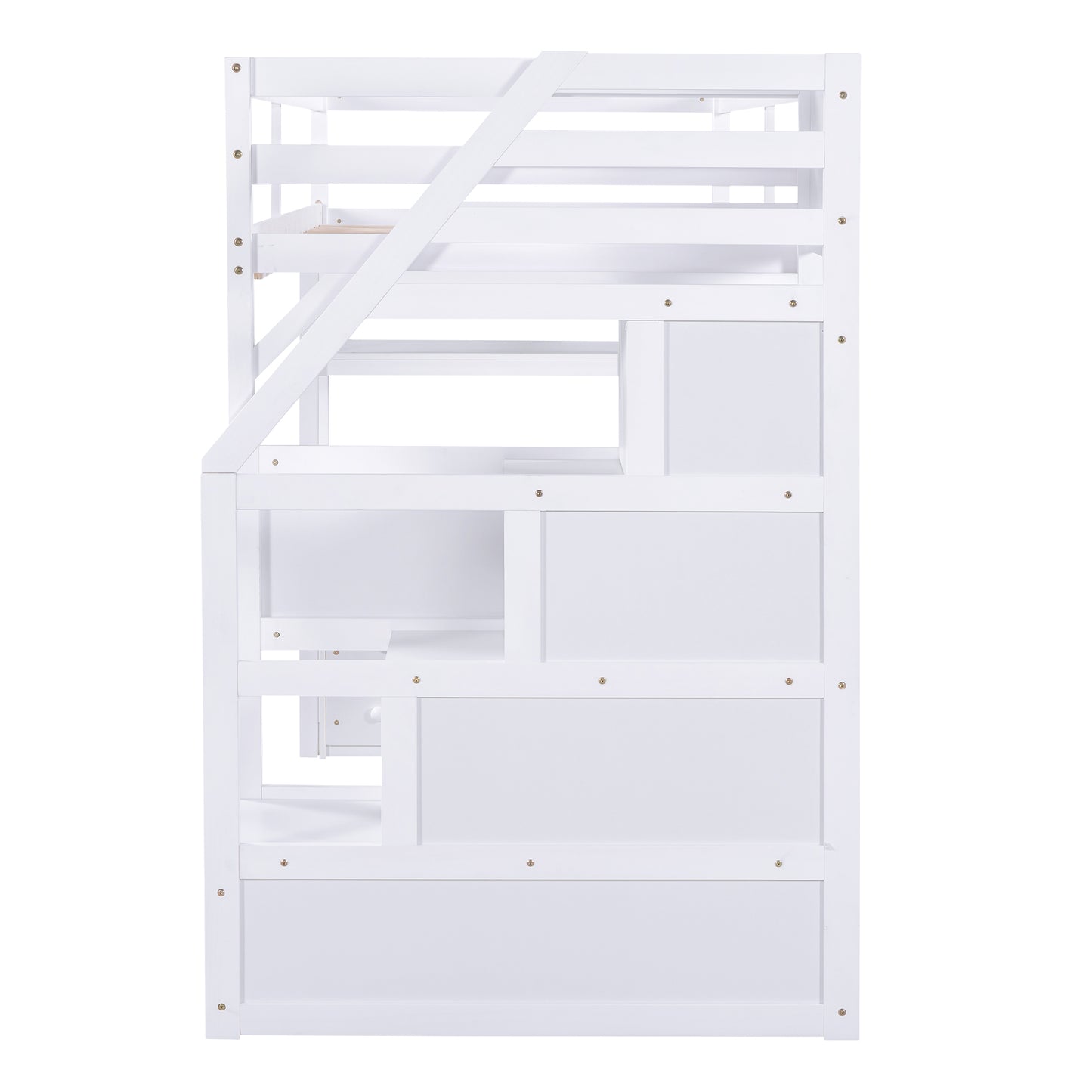 Twin Size Loft Bed with Desk and Shelves  Two Built-in Drawers  Storage Staircase White