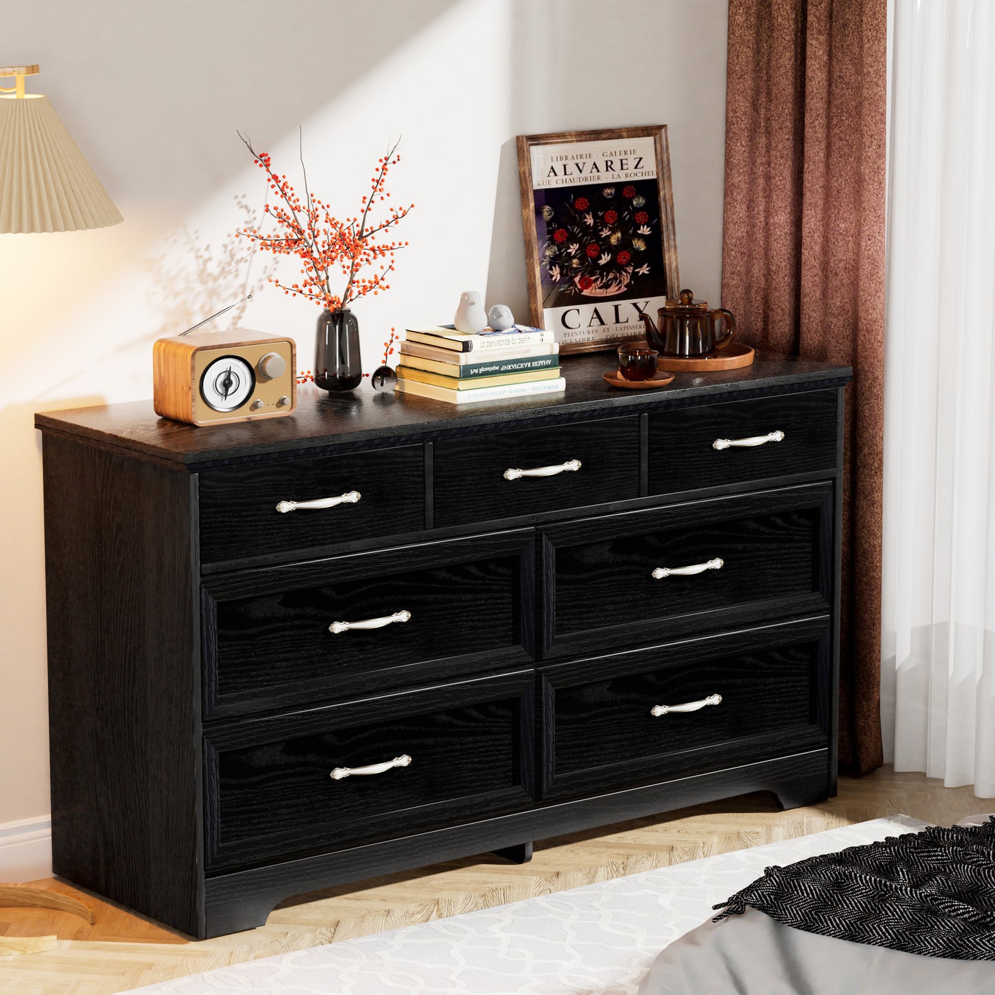 Modern 3-Drawer Bedroom Chest of Drawers, 7-Drawer Dresser with Metal Pulls, Black Finish