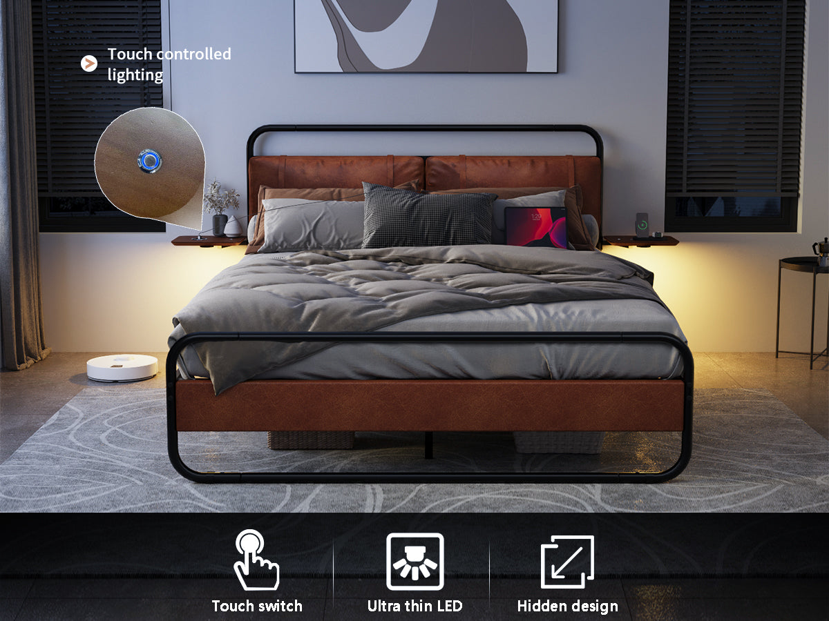 King Size Metal Bed Frame with Upholstered Headboard, with wireless charging and USB A & USB C, Touch LED light Vintage Brown