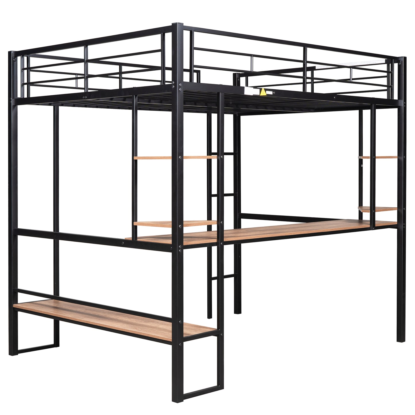 Full Size Loft Metal&MDF Bed with Long Desk and Shelves Black