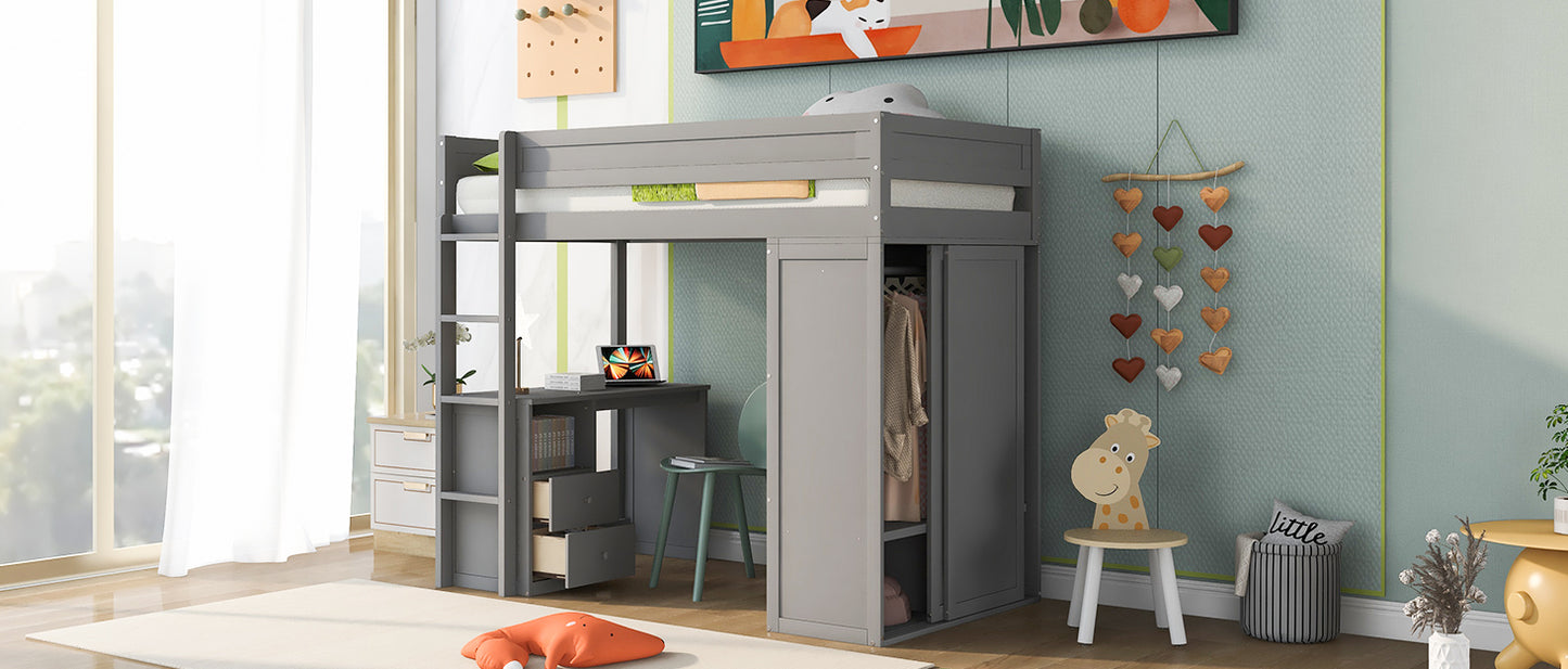 Wood Twin Size Loft Bed with Wardrobes and 2-Drawer Desk with Cabinet Gray